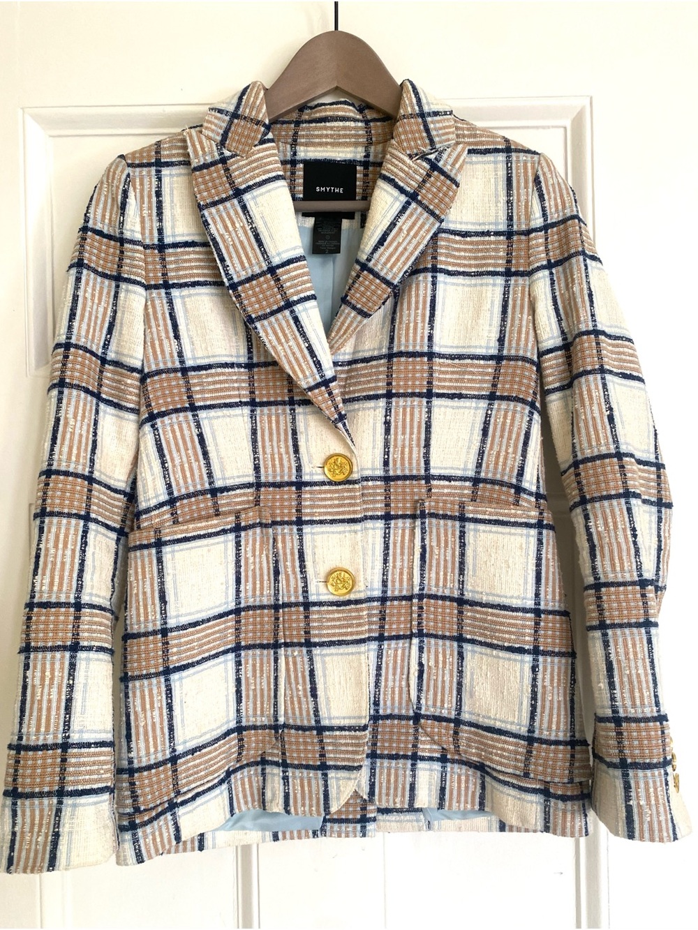 Smythe Plaid Tweed Blazer in Cream, Tan & Navy, size 2